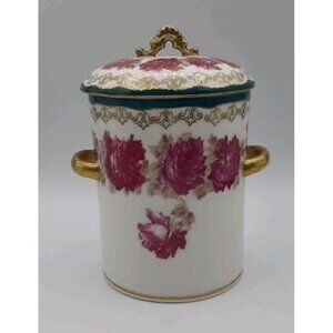 Antique Austrian Witten Pink Old Fashion Roses Lidded Jar Porcelain 5 3/4 In